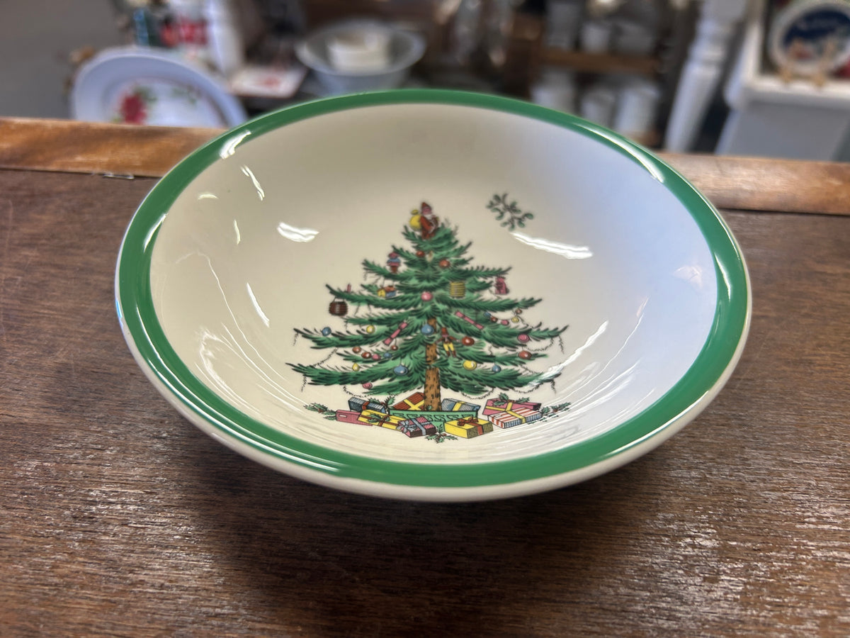 Spode Christmas tree bowl with green rim and painted tree scene, white interior