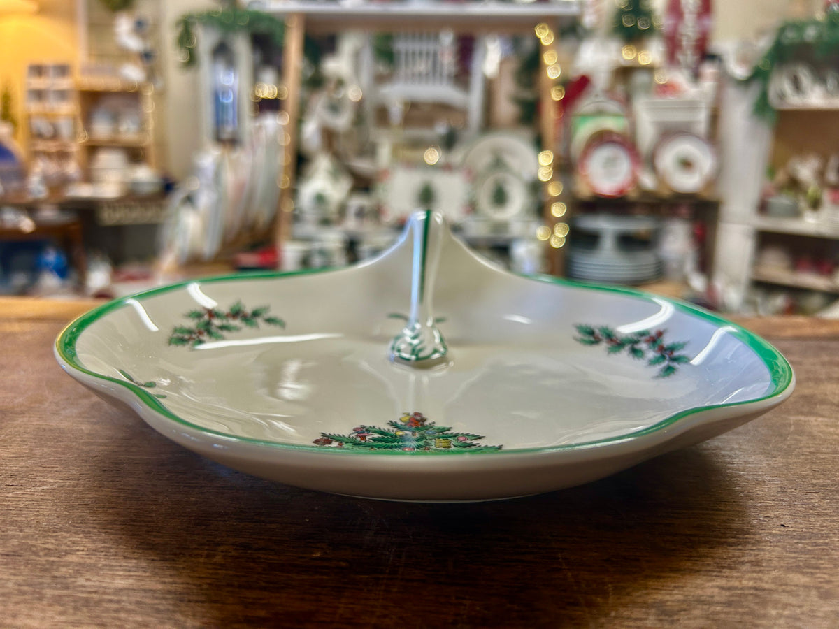 Red Green White Spode Christmas Tree Handle Platter, 8 1/4"