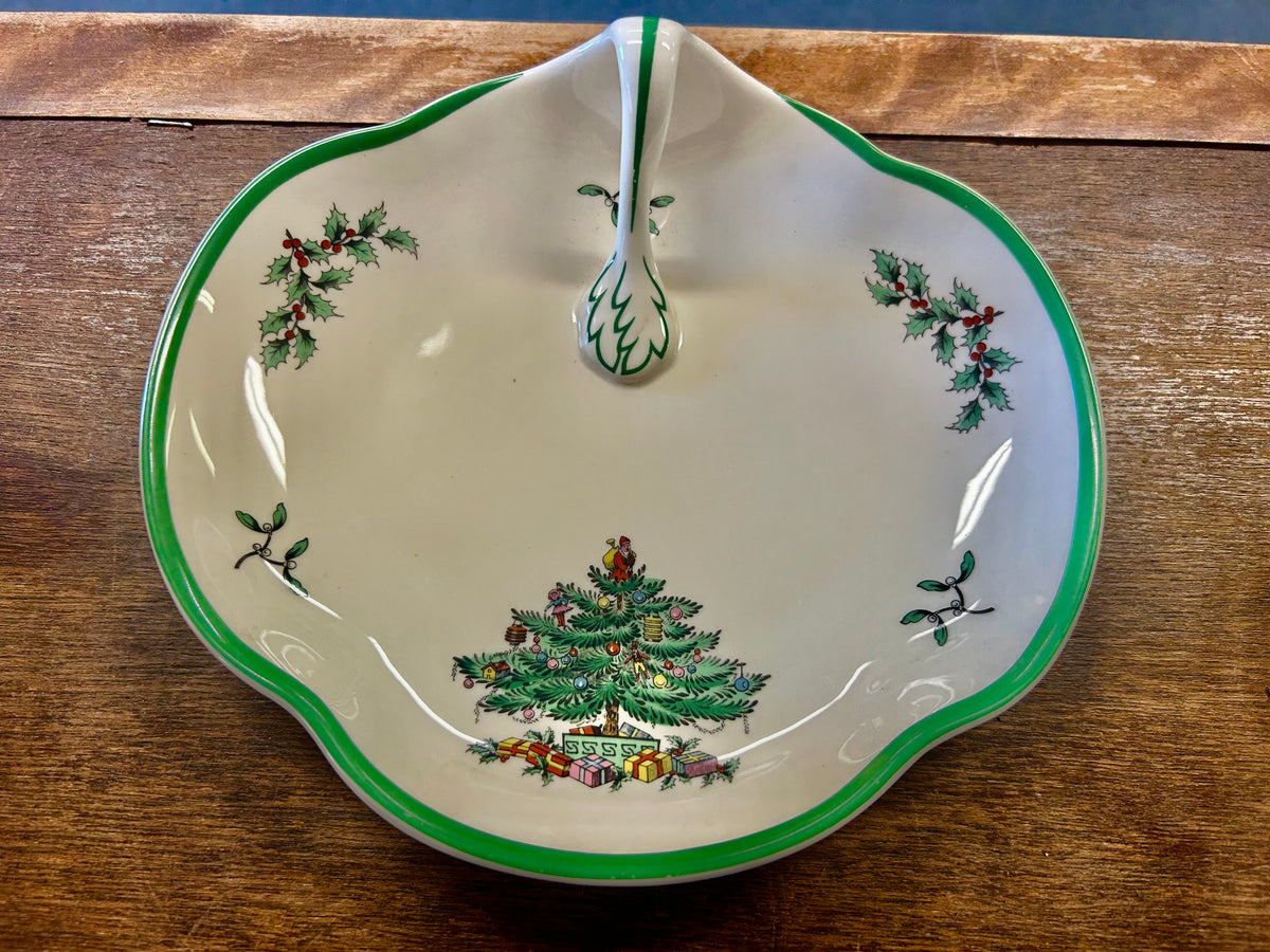 Red Green White Spode Christmas Tree Handle Platter, 8 1/4"