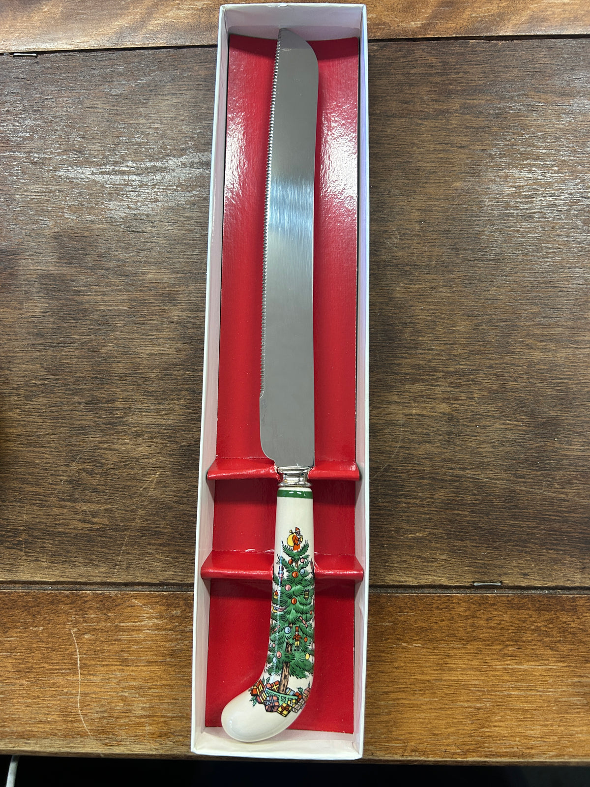 Red Green White Spode Christmas Tree Cake Knife England, 12"