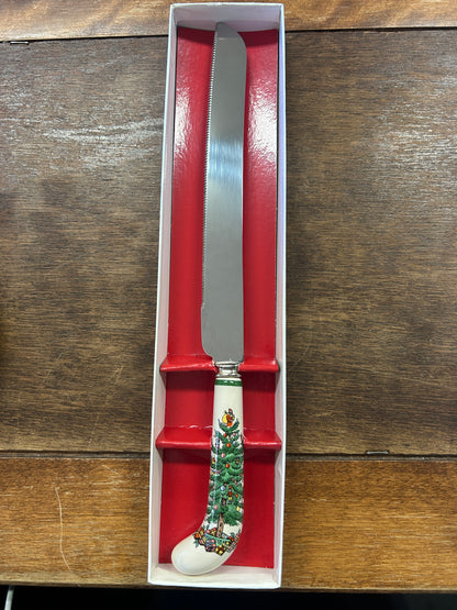 Red Green White Spode Christmas Tree Cake Knife England, 12"