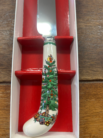 Red Green White Spode Christmas Tree Cake Knife England, 12"