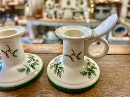 Red Green White Spode Christmas Tree Candleholders 2, 3 1/4"