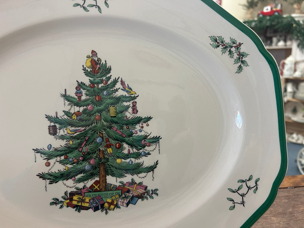 Red Green White Spode Christmas Tree Platter England, 14 3/4"