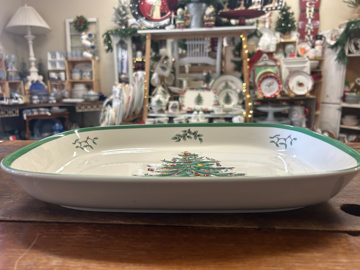 Spode oval baking dish with green rim and small tree graphic