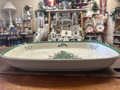 Spode oval baking dish with green rim and small tree graphic