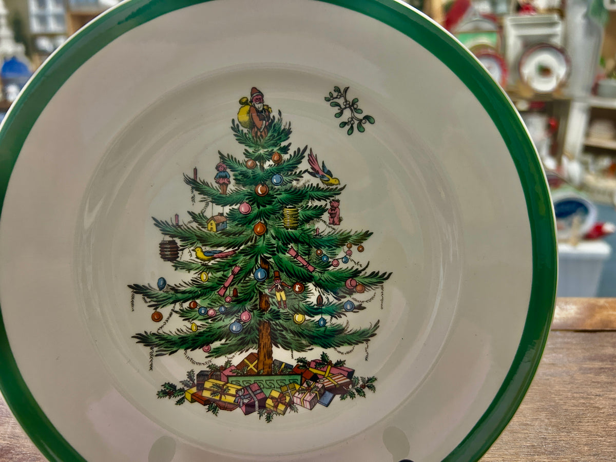Christmas tree decorative plate, centered holiday tree graphic on white
