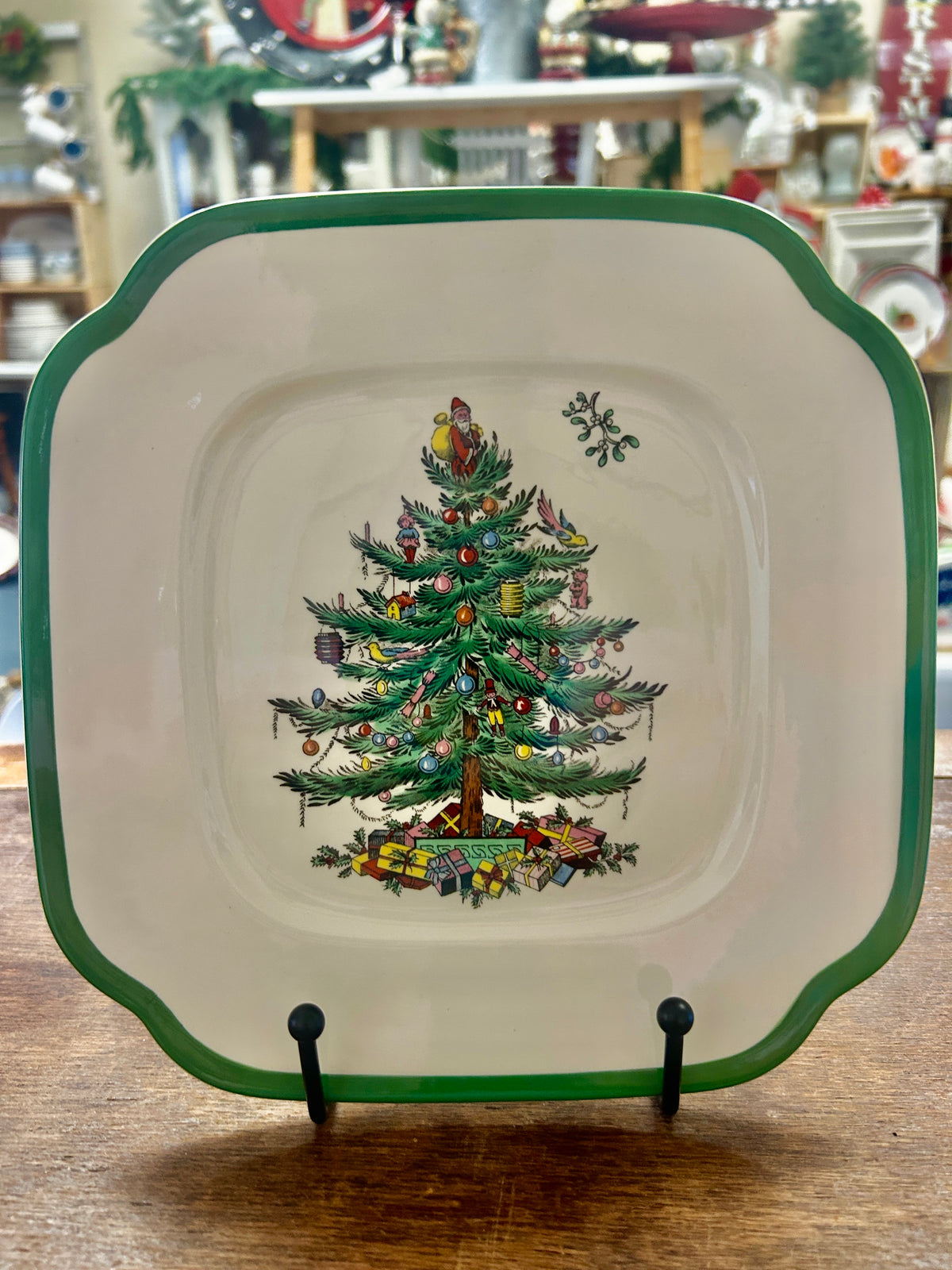 Spode Christmas tree square plate, green scalloped edge, multicolor gift and ornaments