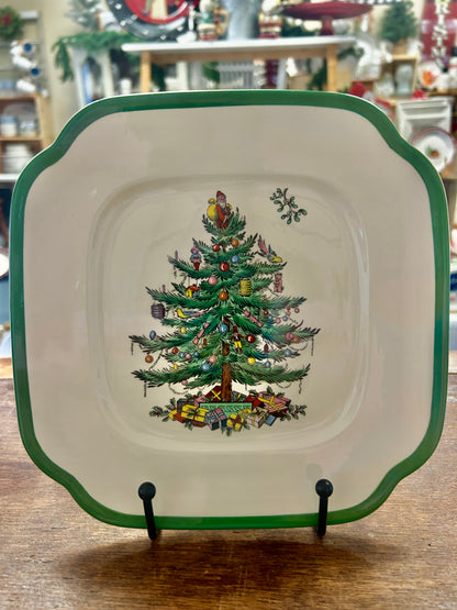 Spode Christmas tree square plate, green scalloped edge, multicolor gift and ornaments