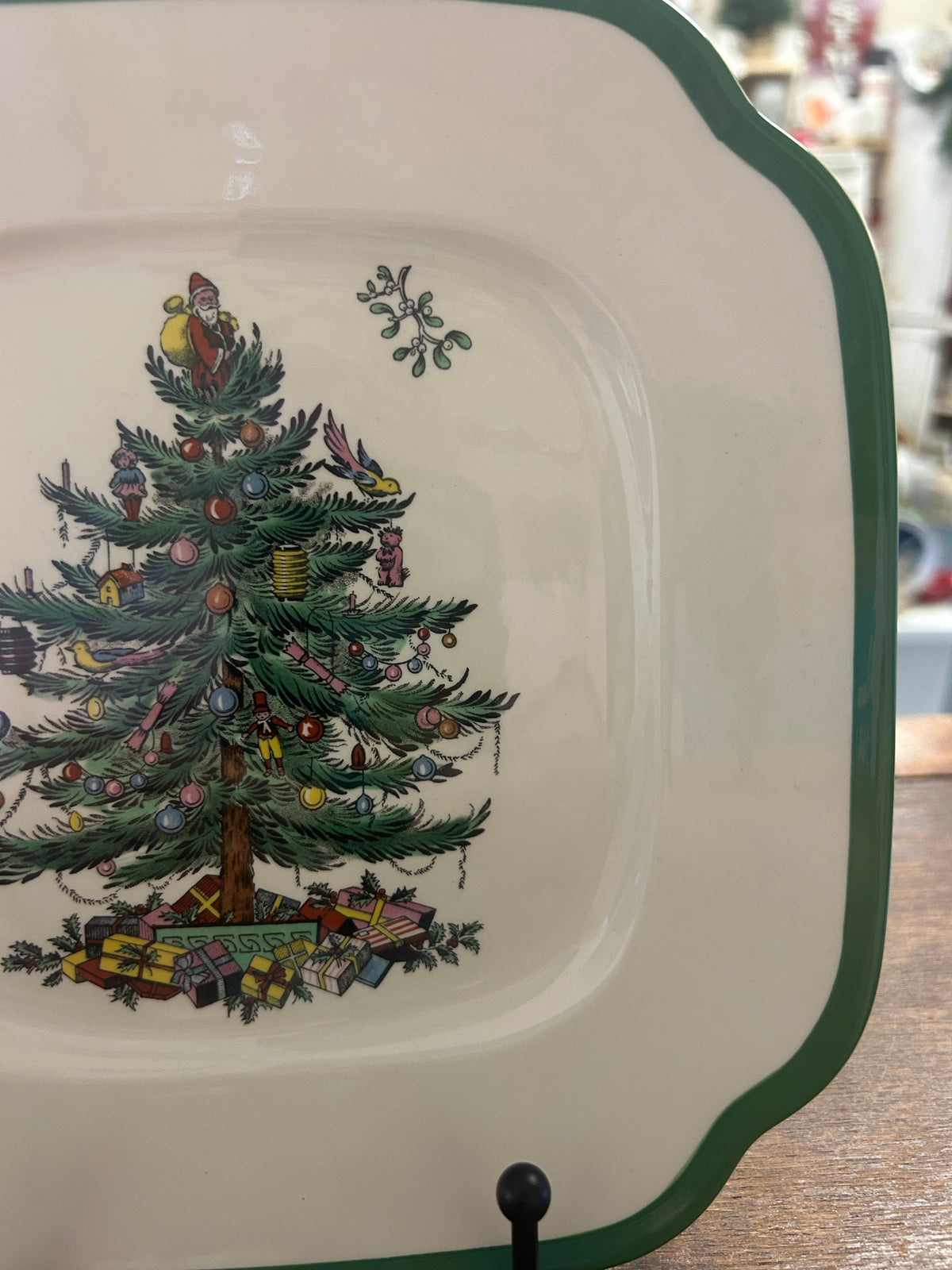 Spode Christmas tree square plate with green scalloped rim and bird topper detail