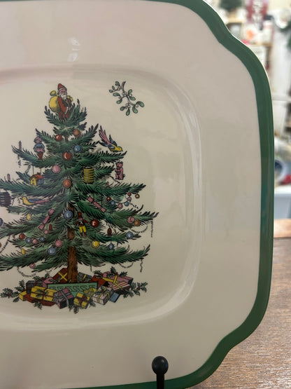 Spode Christmas tree square plate with green scalloped rim and bird topper detail