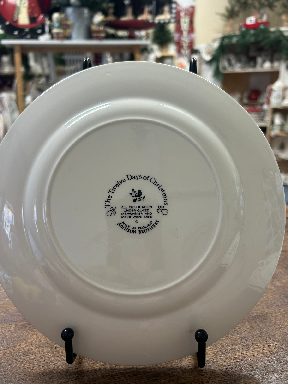 White Christmas plate back with printed maker mark and text in center