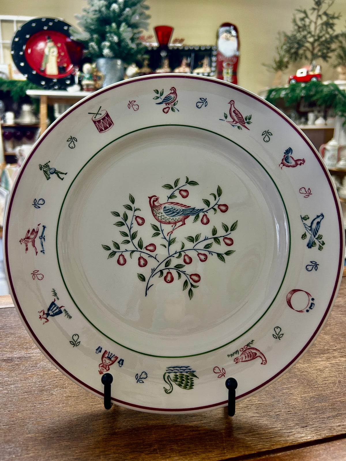 Johnson Bros Christmas decorative ceramic plate with bird, berries, and green trim