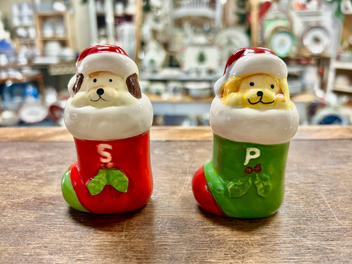 Mikasa dog Christmas salt and pepper shakers, red and green with Santa hats
