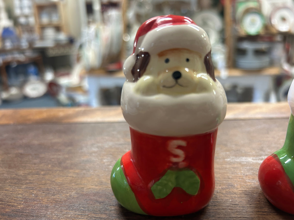 Dog-shaped salt and pepper shaker with Santa hat, red body marked S