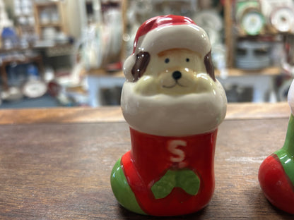 Dog-shaped salt and pepper shaker with Santa hat, red body marked S