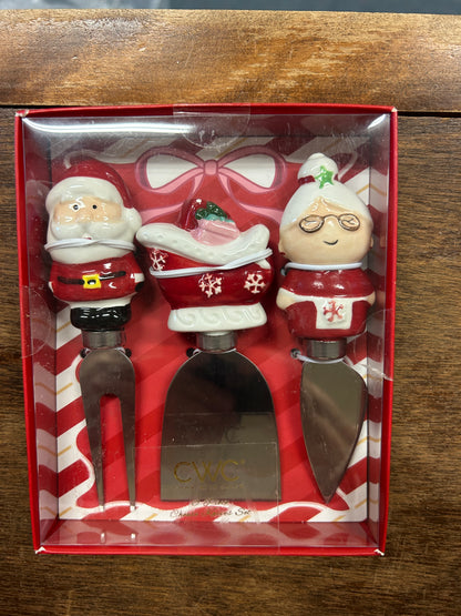 Christmas Santa cheese knife set in clear red gift box, 5-inch blades