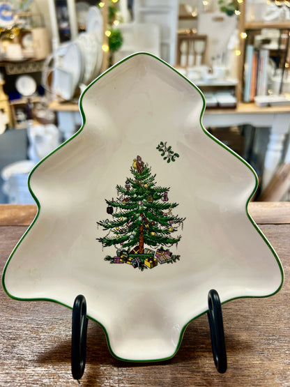 Red Green White Spode Christmas Tree Shape England, 7 1/4"