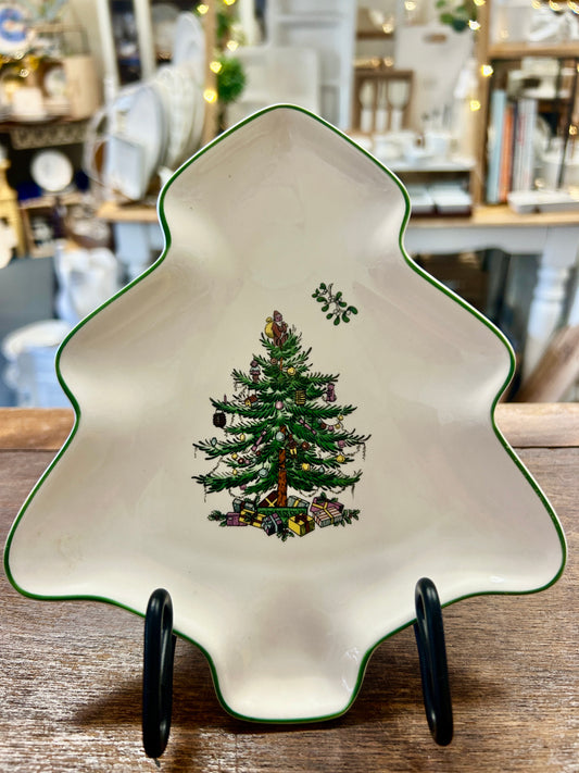 Red Green White Spode Christmas Tree Shape England, 7 1/4"