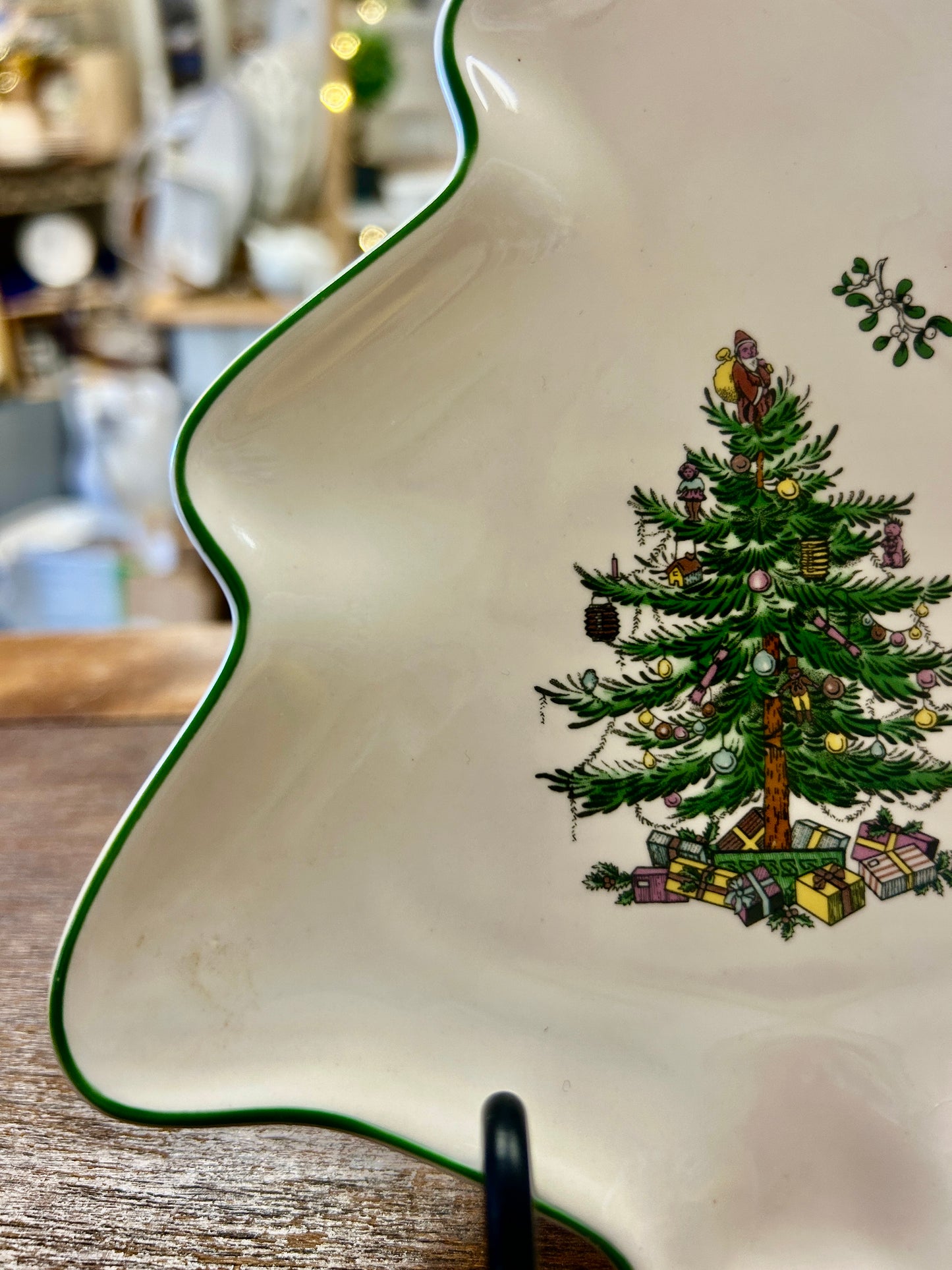Red Green White Spode Christmas Tree Shape England, 7 1/4"