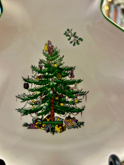 Red Green White Spode Christmas Tree Shape England, 7 1/4"