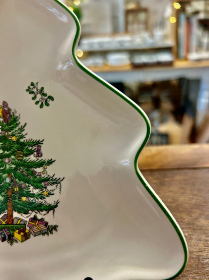 Red Green White Spode Christmas Tree Shape England, 7 1/4"