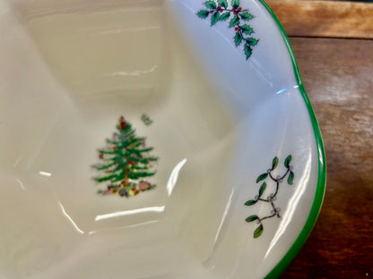 Red Green White Spode Christmas Hexagonal Bowl, 7"