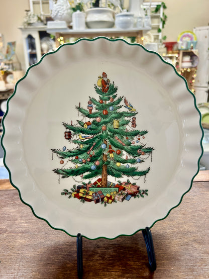 Red Green White Spode Christmas Tree Tart England, 9"