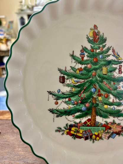 Red Green White Spode Christmas Tree Tart England, 9"