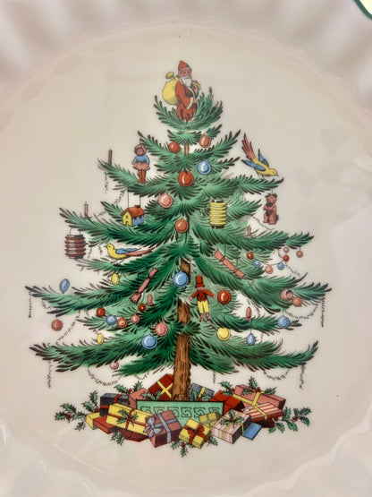 Red Green White Spode Christmas Tree Tart England, 9"