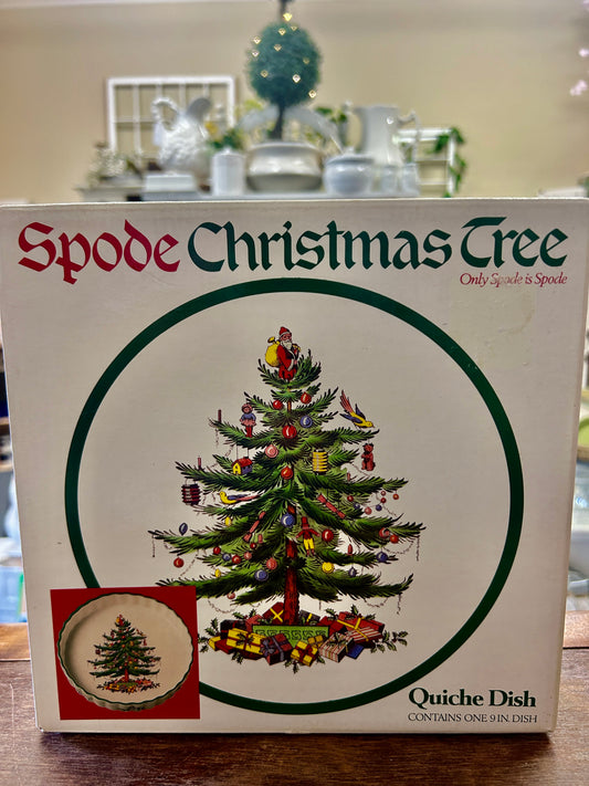 Red Green White Spode Christmas Tree Tart England, 9"