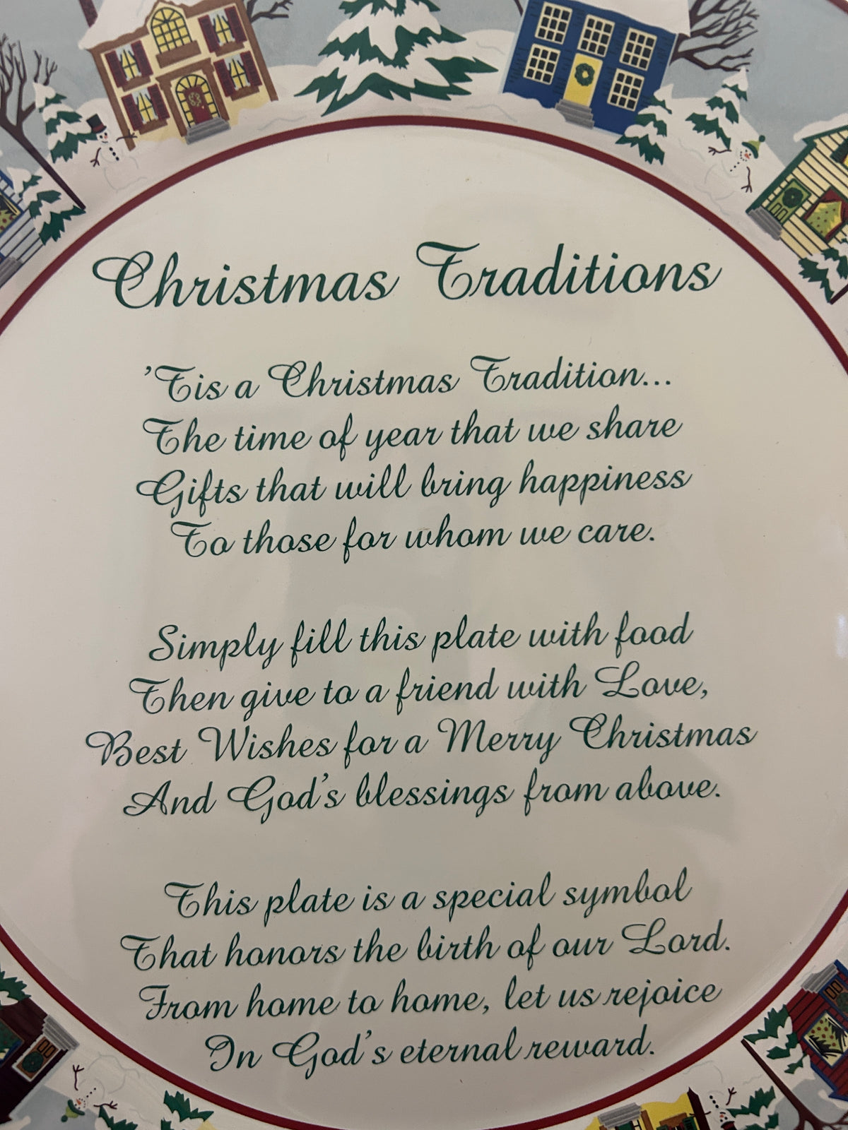 Round Christmas traditions platter close-up of central verse text with red rim edge