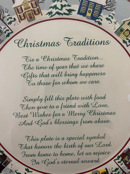 Round Christmas traditions platter close-up of central verse text with red rim edge