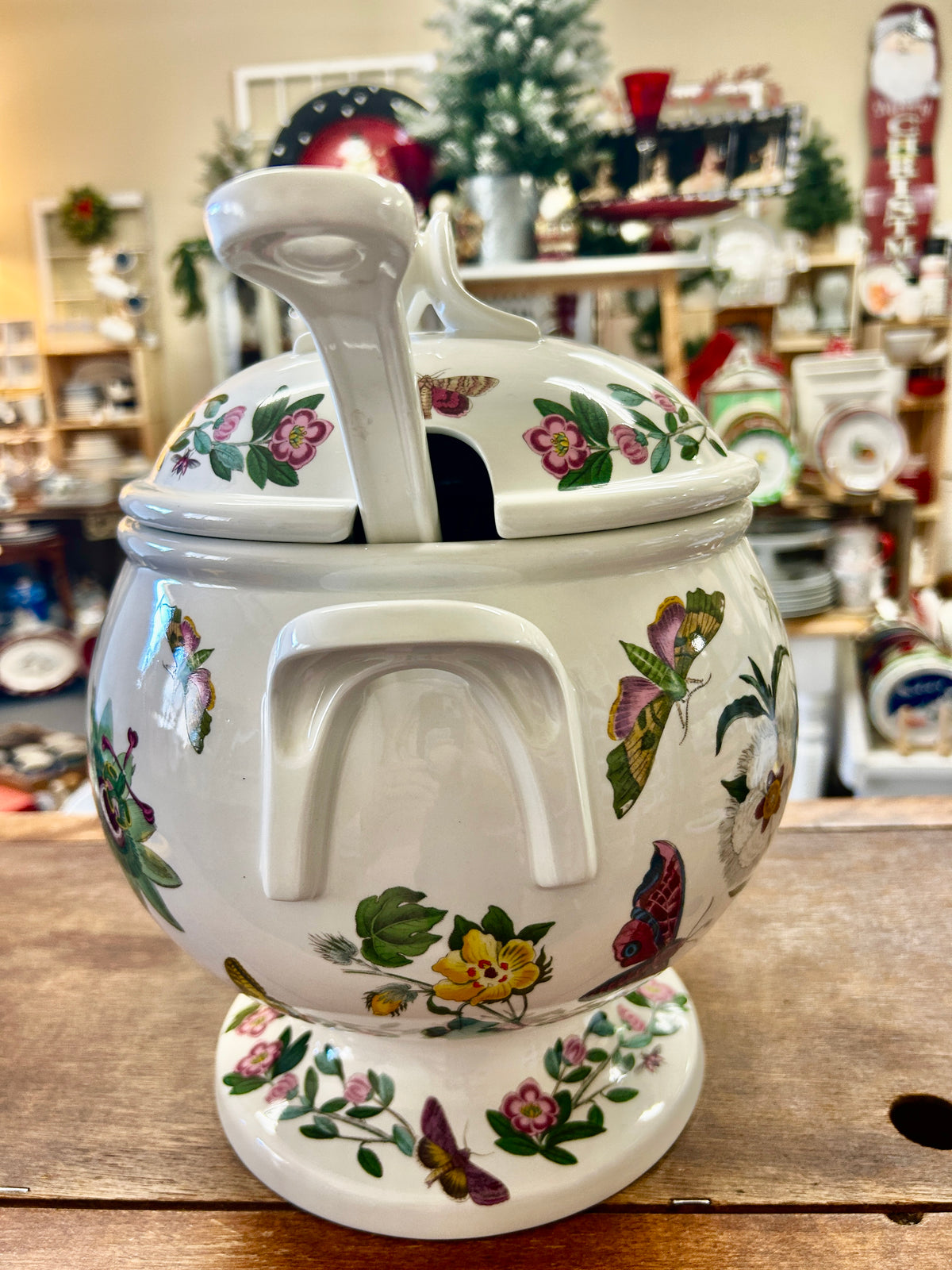 Ceramic tureen with lid, raised center panel, and multicolor botanical floral accents