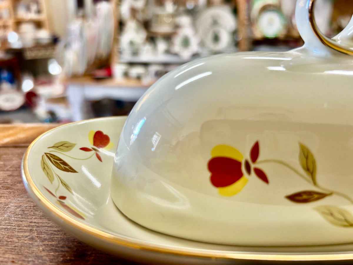 Ceramic butter dish lid close-up with autumn leaf floral print and gold-edged rim