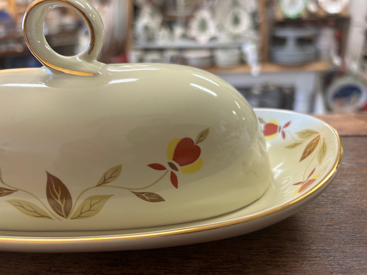 Ceramic butter dish with lid and tray, autumn leaf floral print and gold border