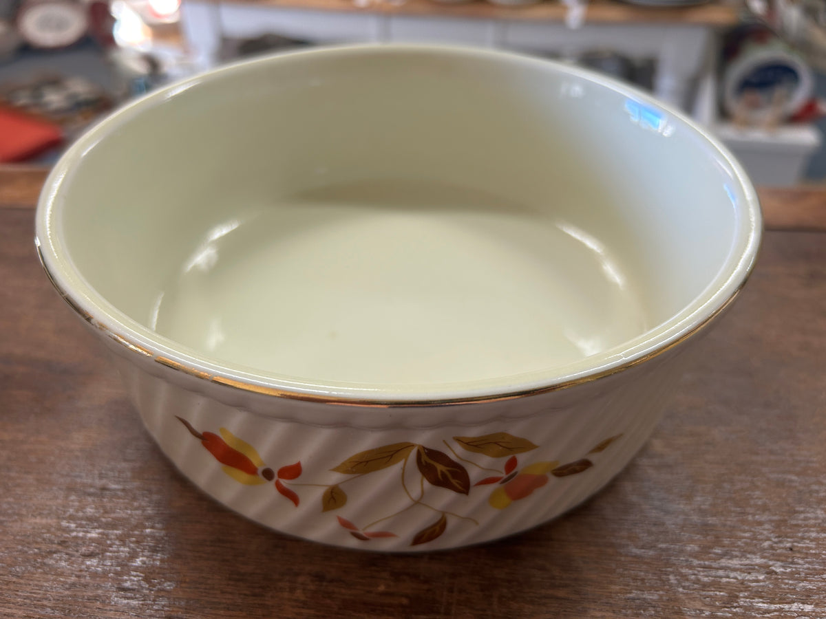 Ceramic souffle bowl, cream interior with gold rim and autumn leaf band