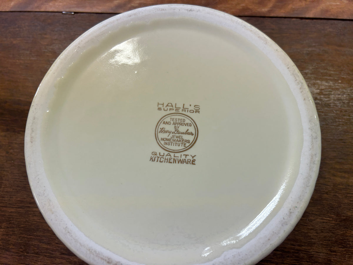 Ceramic souffle bowl bottom with maker stamp and white glazed base