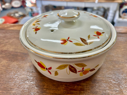 Ceramic casserole dish with lid, white with gold-trimmed autumn leaf design