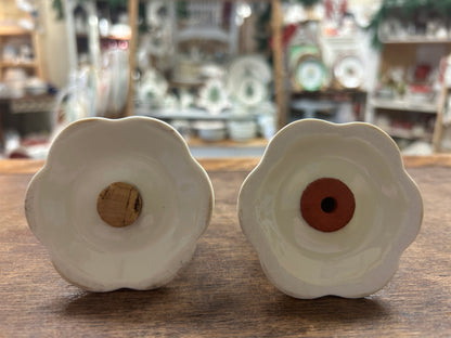 Ceramic salt and pepper shakers, flower bases with cork and red inserts
