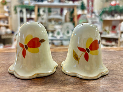 Ceramic autumn leaf salt and pepper shakers, two-tone yellow and red leaf design