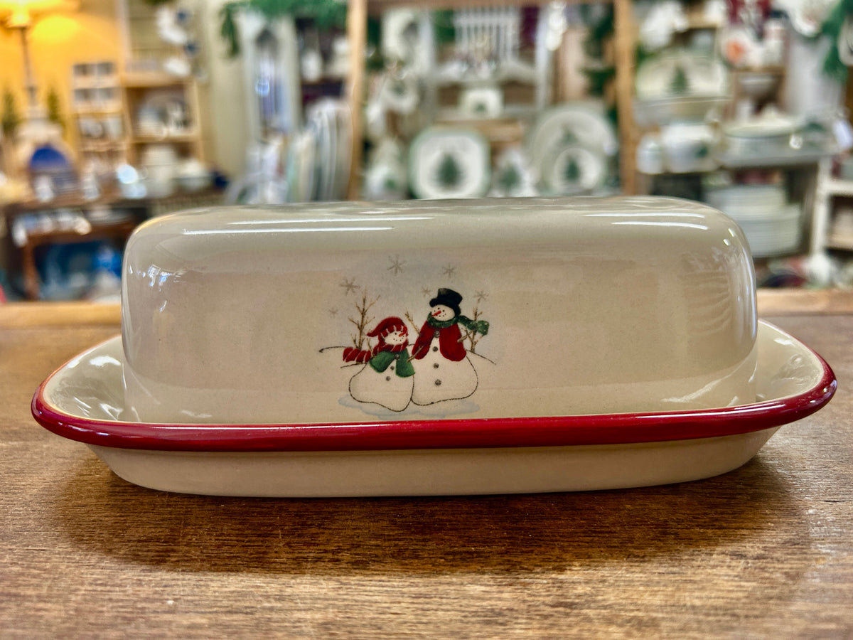 Red Green White Royal Seasons Snowman Butter Dish, 8"