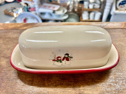 Red Green White Royal Seasons Snowman Butter Dish, 8"