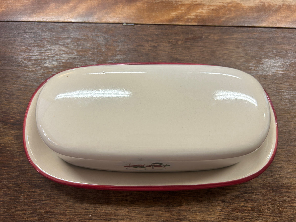 Red Green White Royal Seasons Snowman Butter Dish, 8"