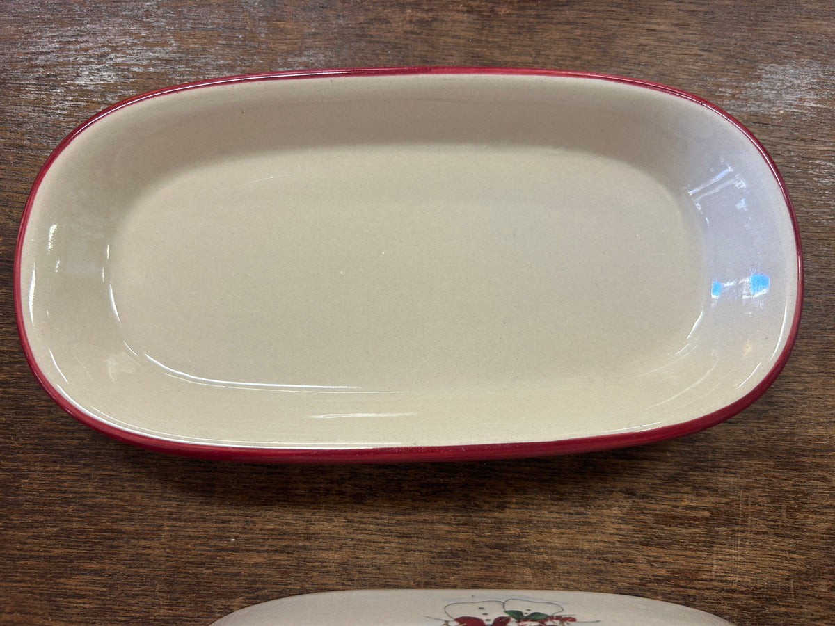 Red Green White Royal Seasons Snowman Butter Dish, 8"