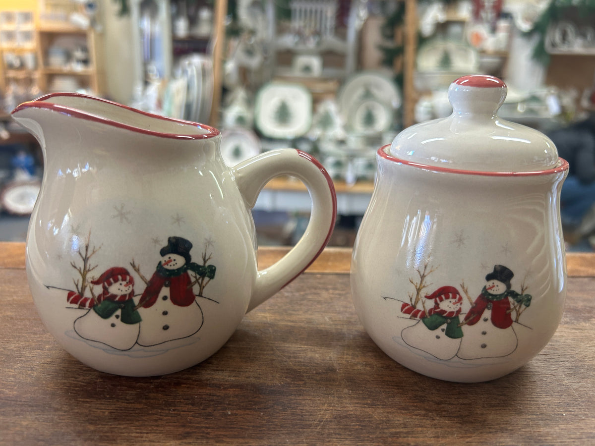 Red Green White Royal Seasons Snowman Sugar & Creamer, 4"