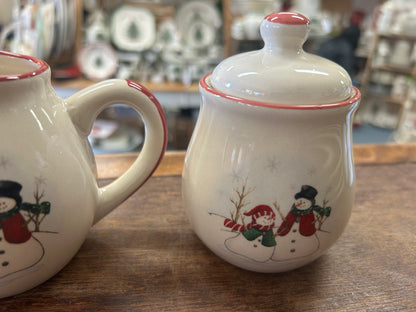 Red Green White Royal Seasons Snowman Sugar & Creamer, 4"