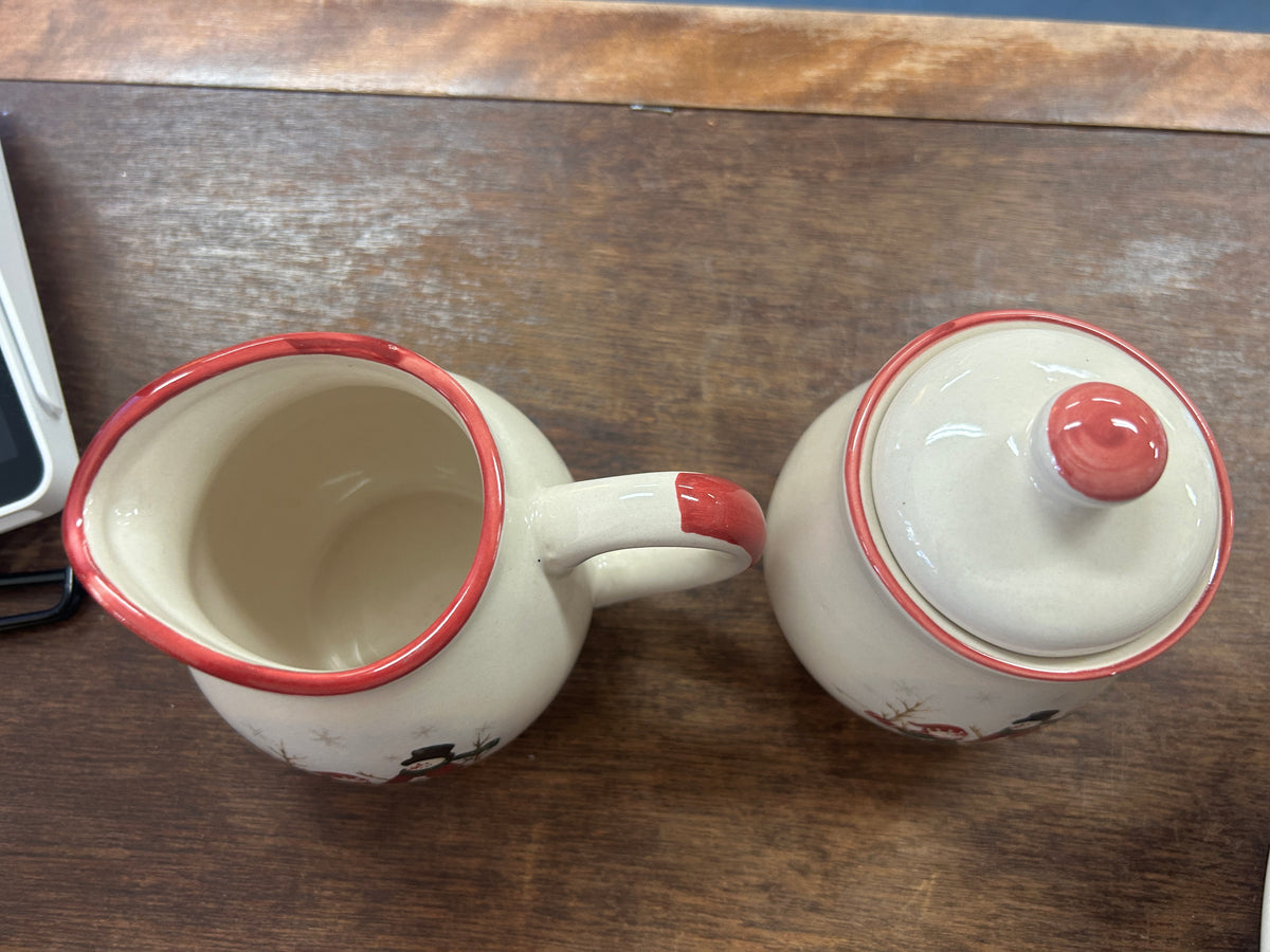 Red Green White Royal Seasons Snowman Sugar & Creamer, 4"