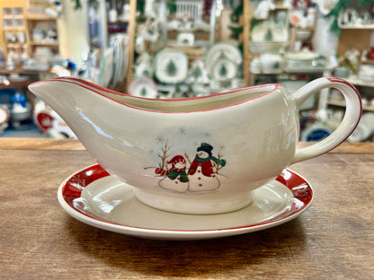 Royal Seasons ceramic gravy boat and underplate with snowman motif and red trim