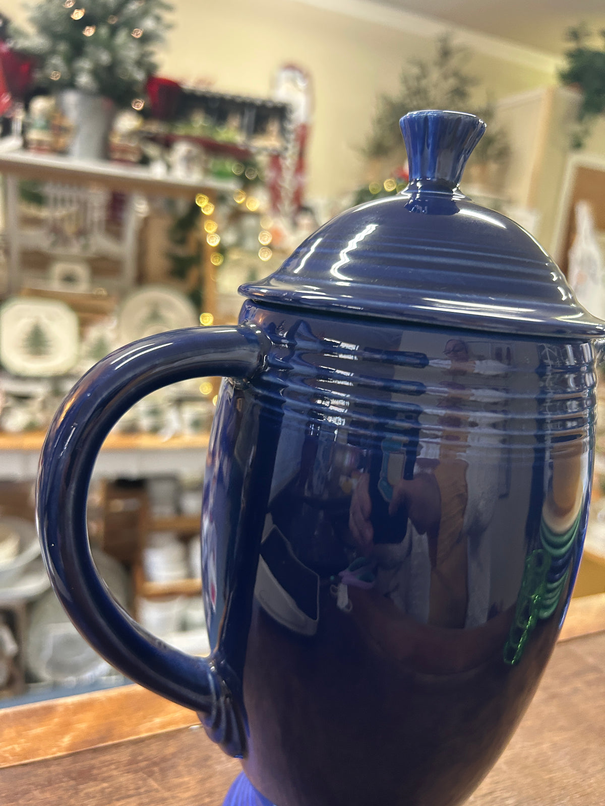 Cobalt blue coffee pot with domed lid, tall knob and large loop handle